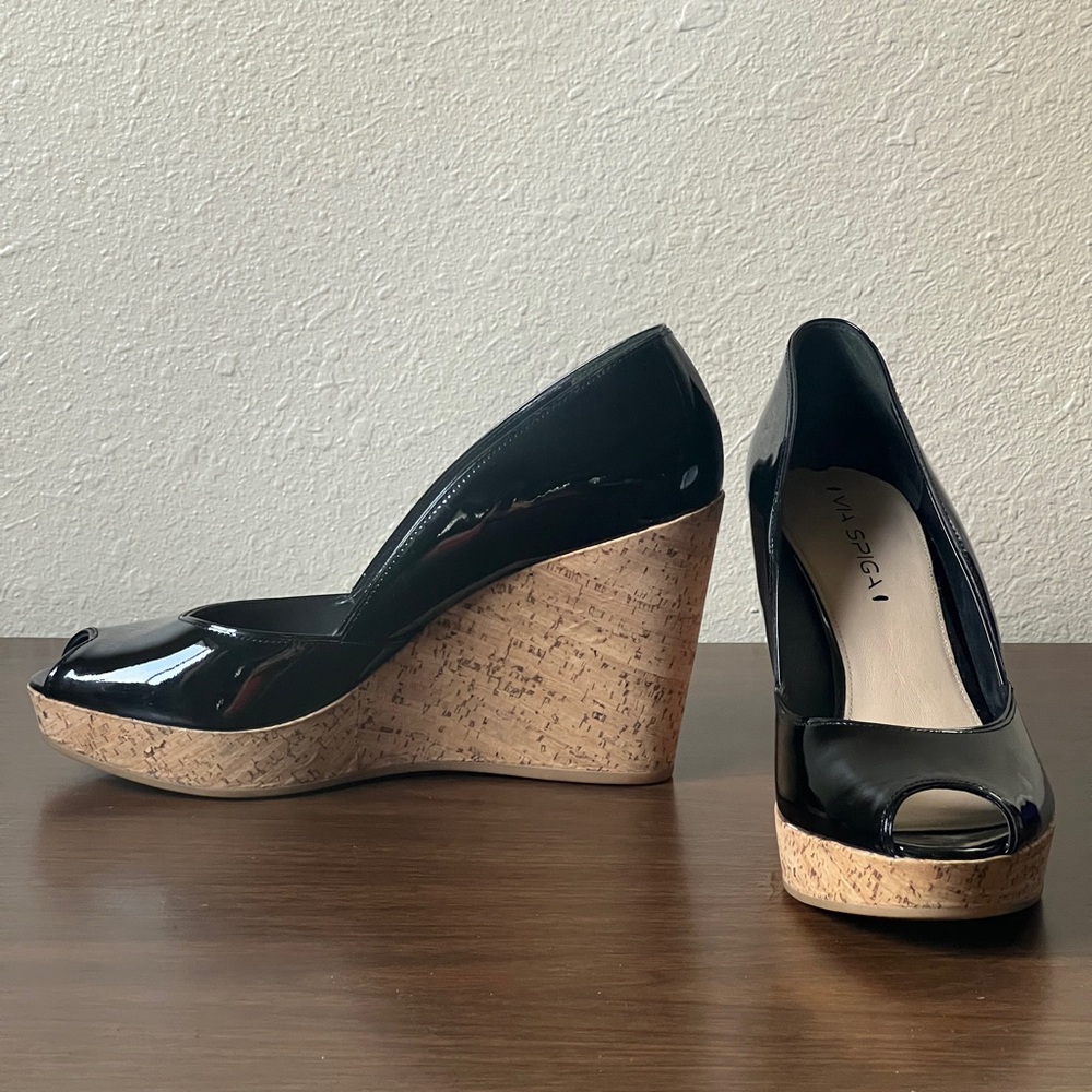 Via Spiga Black Patent Peeptoe Platform Cork Wedges - Size 8